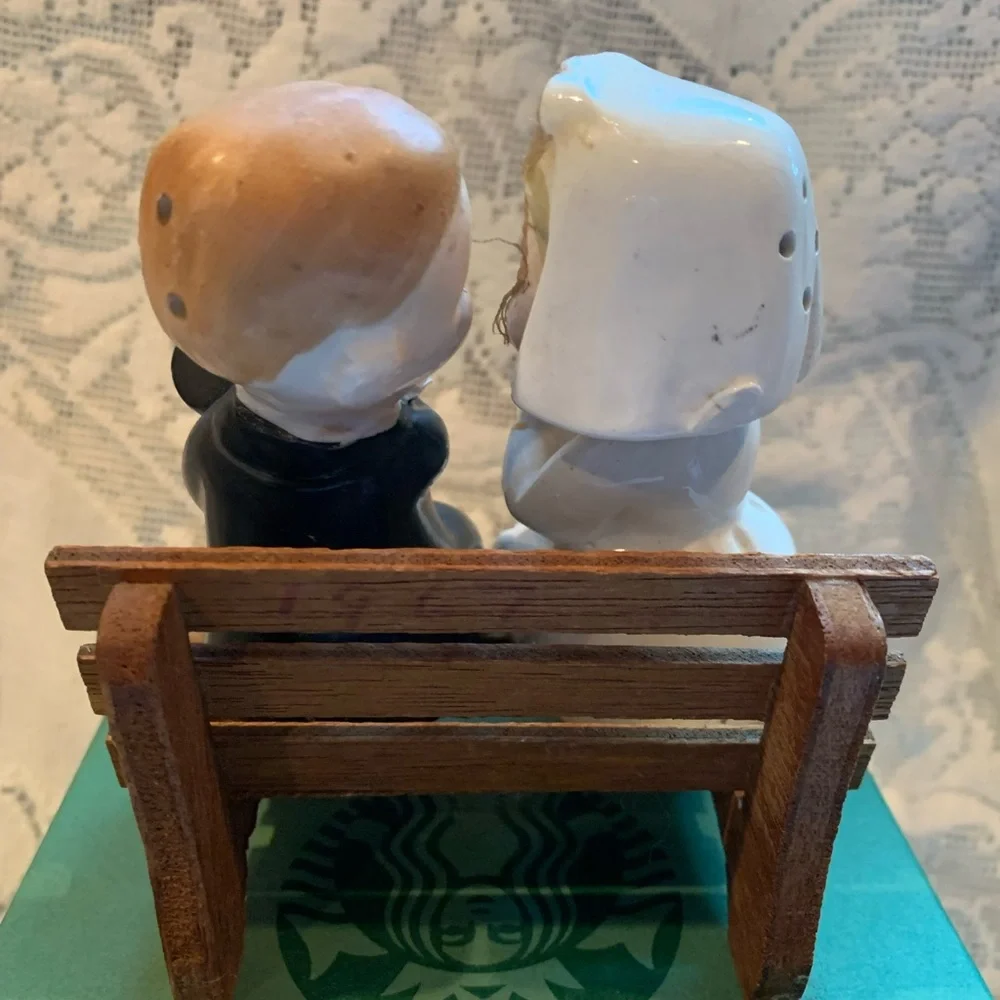 Vintage cute bride and groom salt & pepper kissing sitters